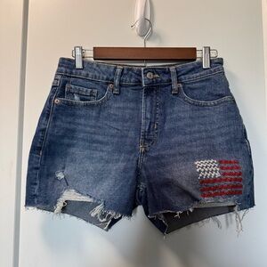 Old Navy High Waisted Cutoff Jean Denim Shorts Embroidered USA Flag Patriotic 4‎